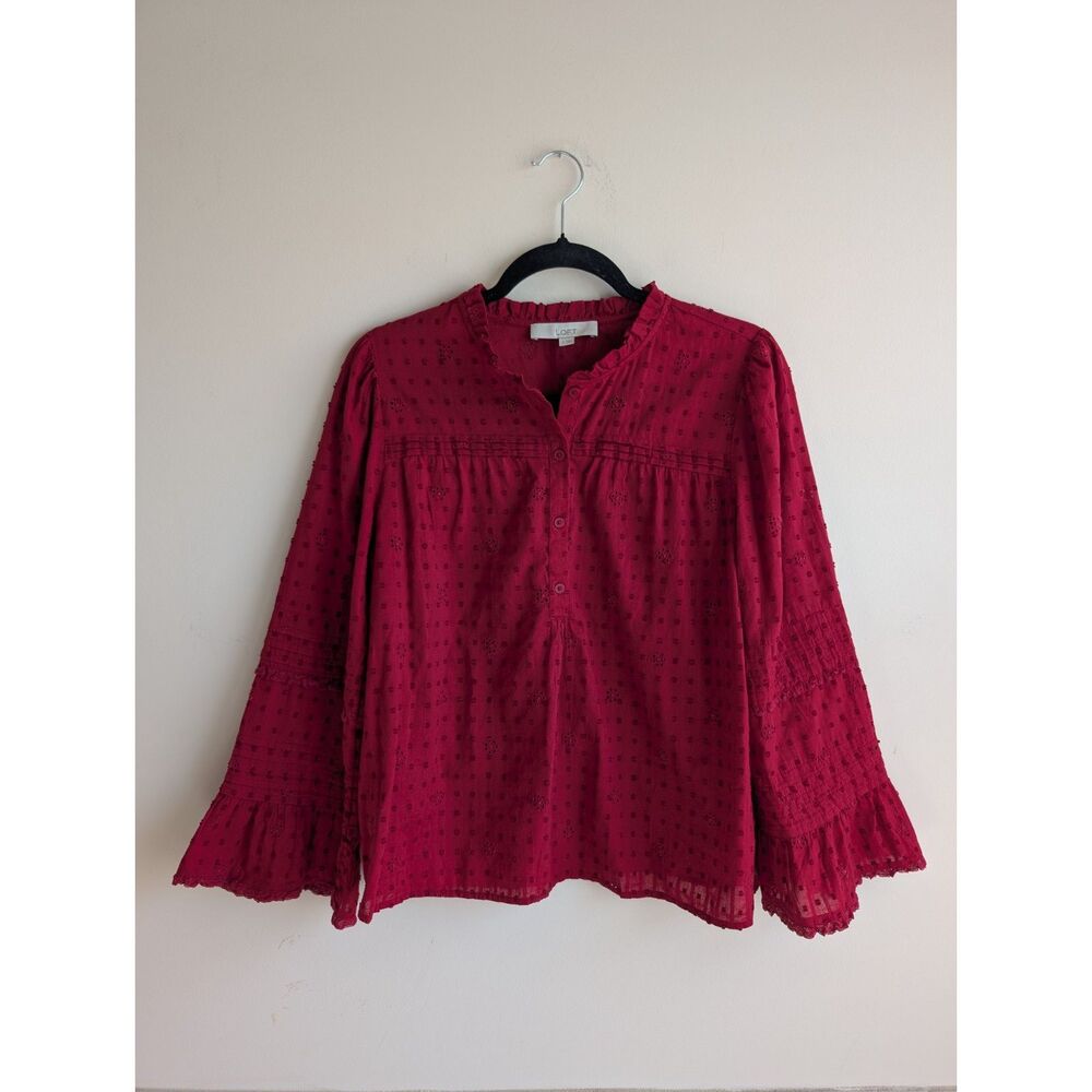 LOFT Burgundy Eyelet Blouse Ruffle Neck Bell Sleeve Red Fall Staple SMALL